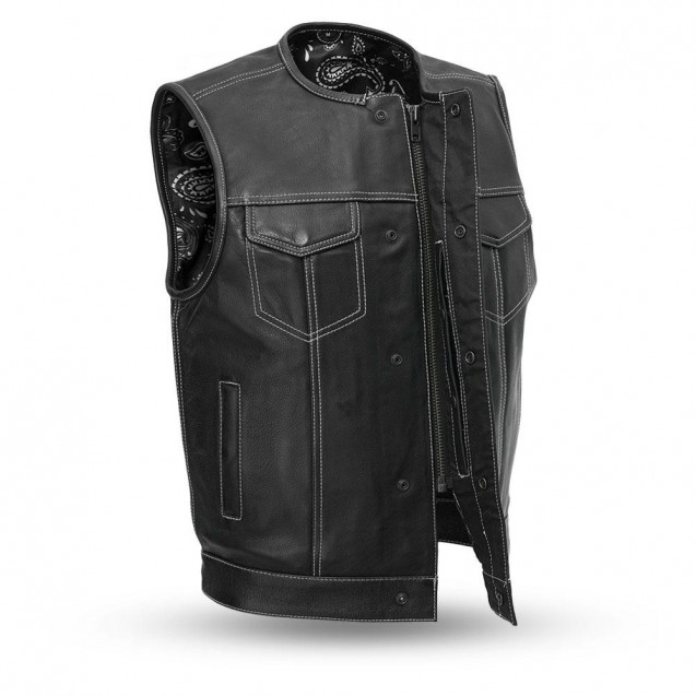 Bandit Men's Leather Club Vest (Black Leather with White Stitching)