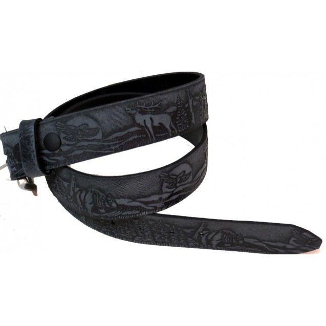 Distressed black full-grain leather belt embossed Forest, Reindeer, Bear, Eagle 