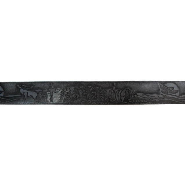 Distressed black full-grain leather belt embossed Forest, Reindeer, Bear, Eagle 