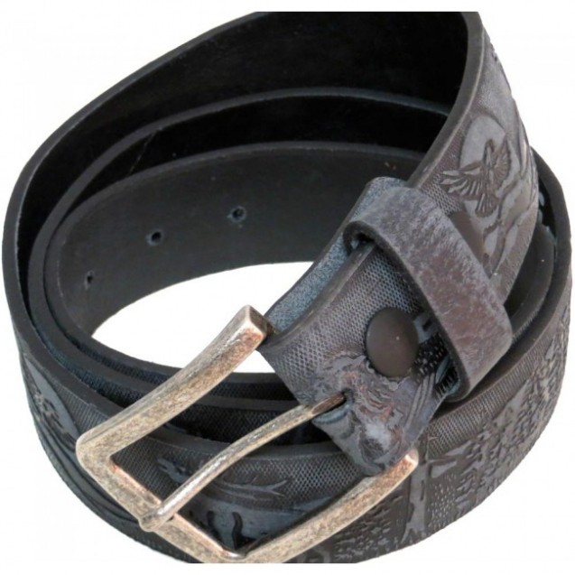 Distressed black full-grain leather belt embossed Forest, Reindeer, Bear, Eagle 