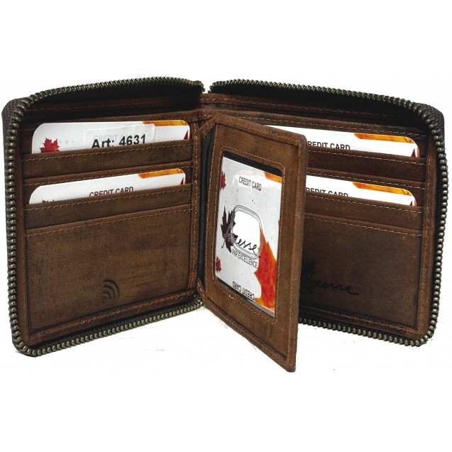 Genuine Cowhide Leather Metal Zip-Around Men’s RFID Wallet 