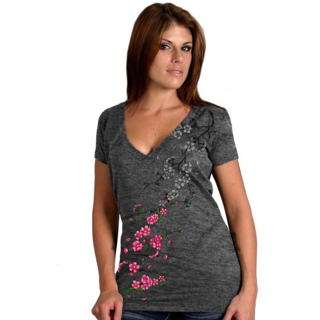 Women's Semi Sheer Deep V T-shirt with Cherry Blossom Flowers