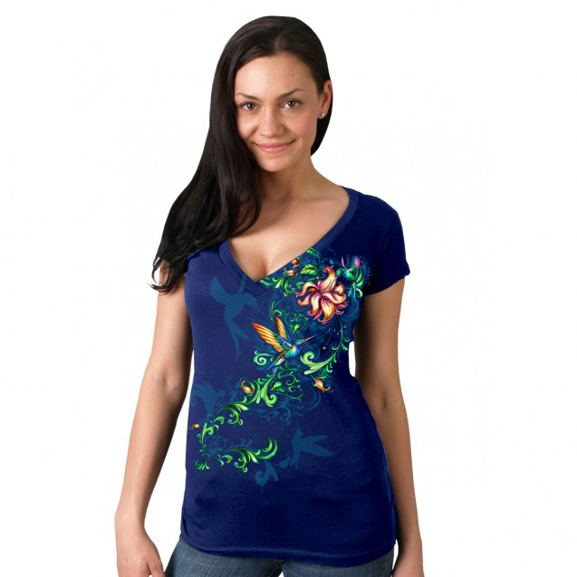 Classic Cut Ladies Humming Birds Semi Sheer Navy T-Shirtv