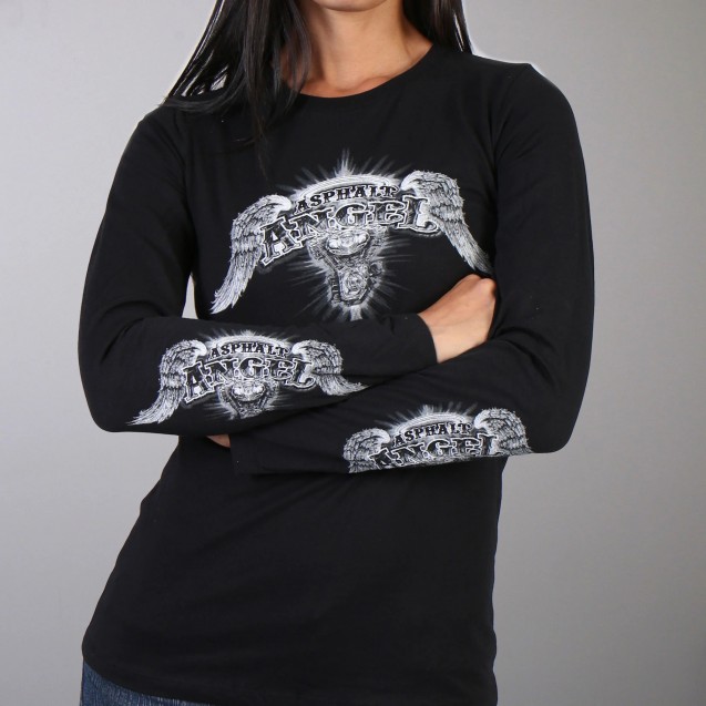 ASPHALT ANGEL’DOUBLE-SIDED PRINT LADIES BLACK LONG SLEEVE T-SHIRT 