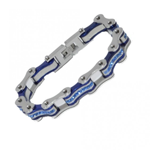 Two Tone Silver/Candy Blue W/Blue Crystal Centers Biker Chain Bracelet