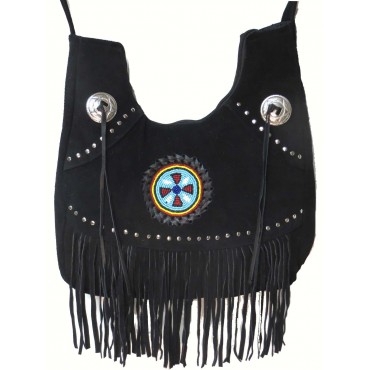Genuine Cow Split Suede Leather Fringe Shoulder Bag with Handmade Beading