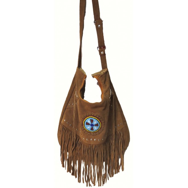 Genuine Cow Split Suede Leather Fringe Shoulder Bag with Handmade Beading