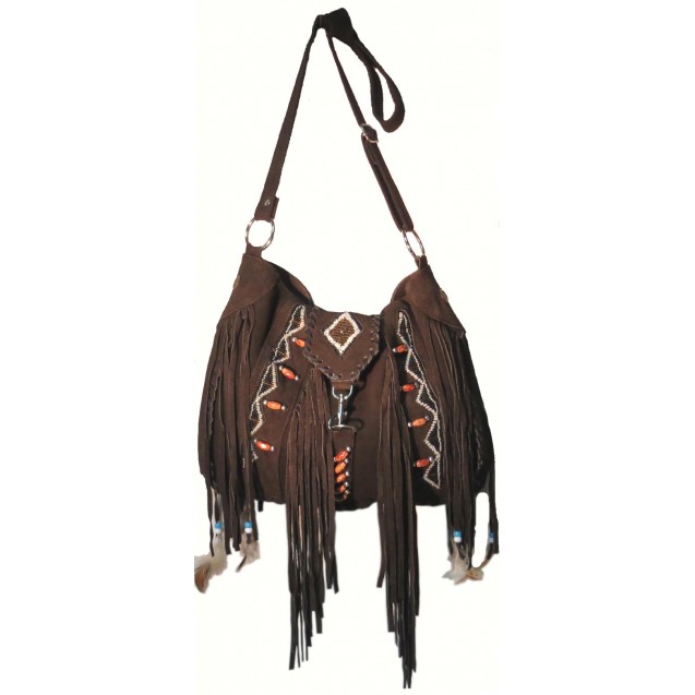 Genuine Cow Split Suede Leather Fringe Shoulder Bag with Handmade Beading
