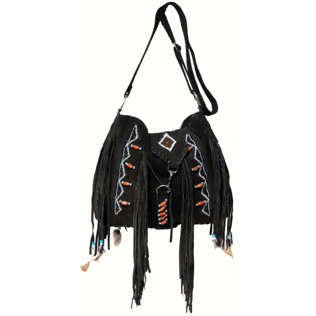 Genuine Cow Split Suede Leather Fringe Shoulder Bag with Handmade Beading