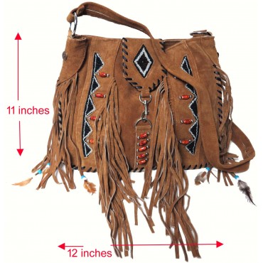 Genuine Cow Split Suede Leather Fringe Shoulder Bag with Handmade Beading
