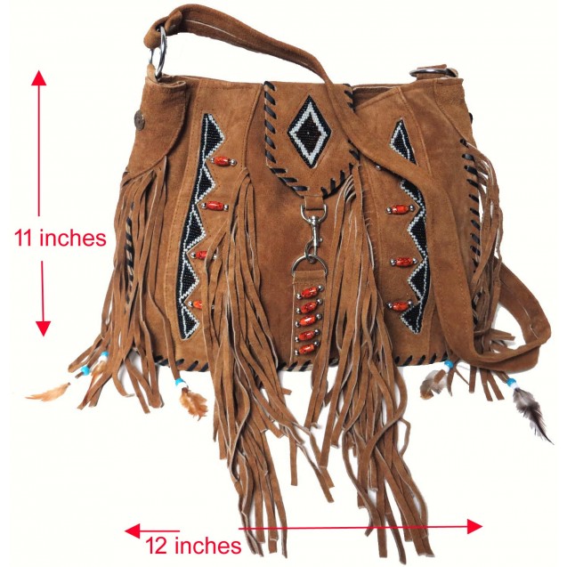 Genuine Cow Split Suede Leather Fringe Shoulder Bag with Handmade Beading
