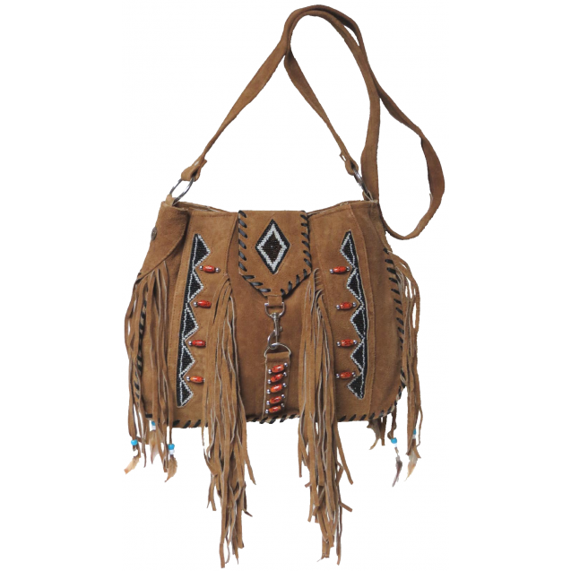 Genuine Cow Split Suede Leather Fringe Shoulder Bag with Handmade Beading