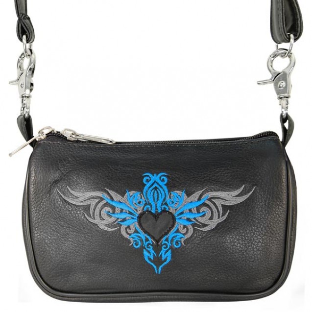 Womens Embroidered Teal Tribal Heart Leather Belt Bag