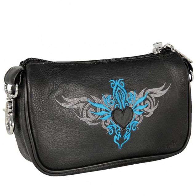 Womens Embroidered Teal Tribal Heart Leather Belt Bag