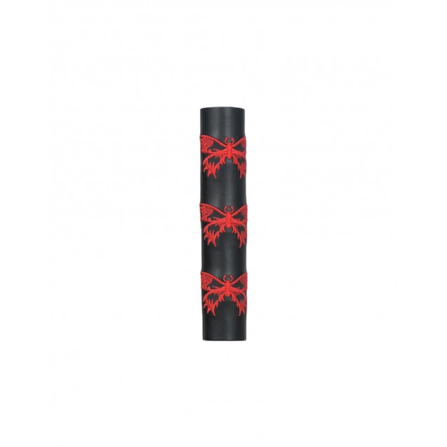 Black Leather Ponytail Wrap Embroidered Red Butterflies