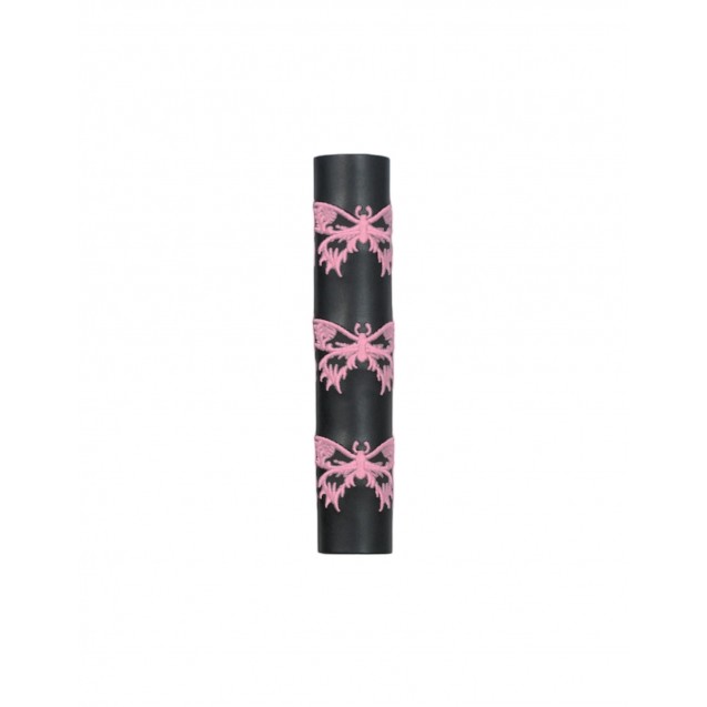 Black Leather Ponytail Wrap Embroidered Pink Butterflies