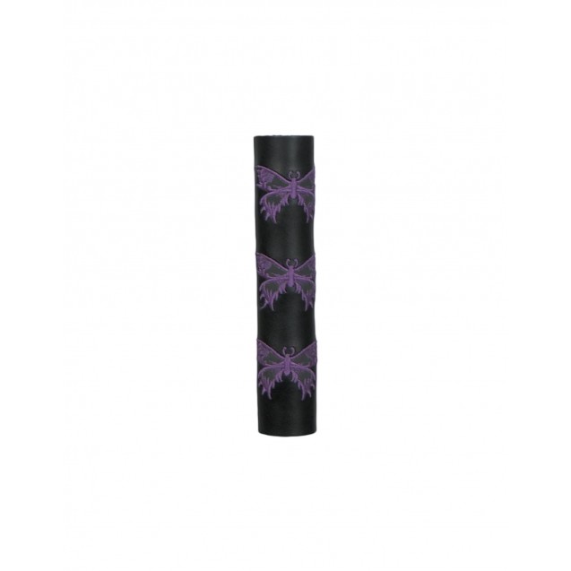 Black Leather Ponytail Wrap Embroidered Purple Butterflies