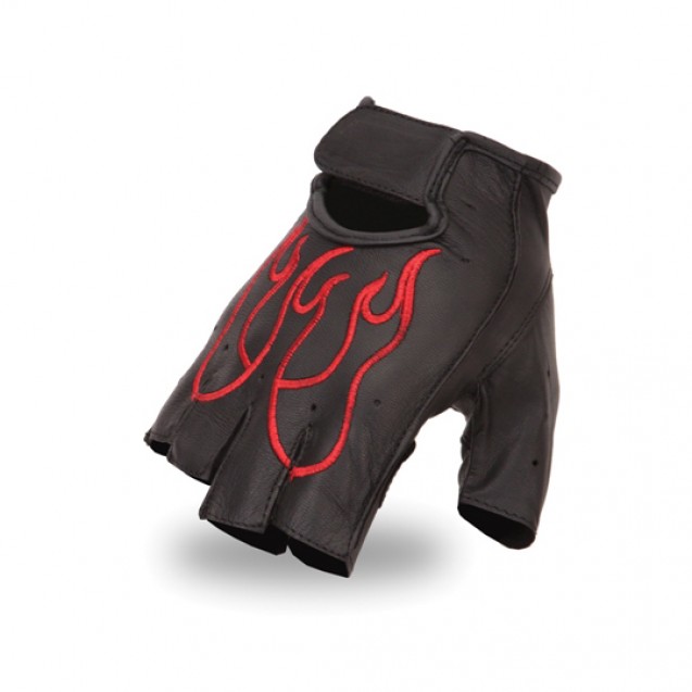 Embroidered Red Flame Fingerless Gloves